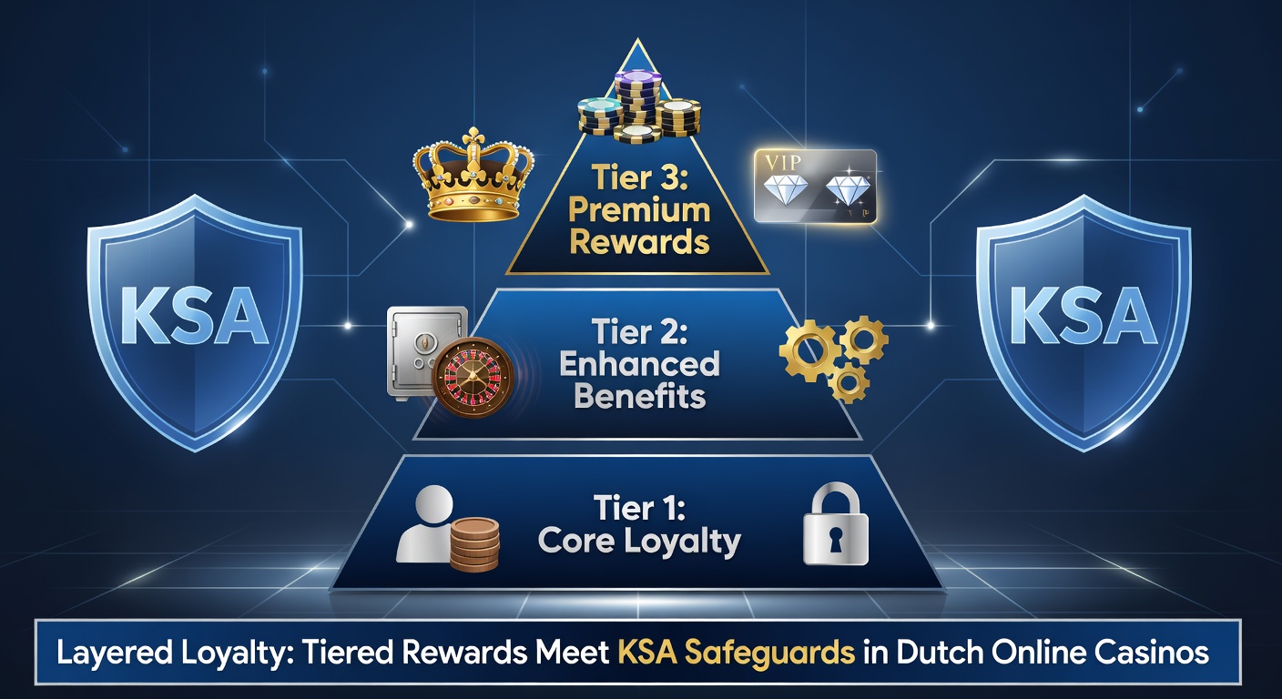 Schermafbeelding van een loyaliteitsdashboard met tier-levels, bonusmeters en KSA-compliance badges, inclusief een speler die zilver bereikt met bijbehorende rewards