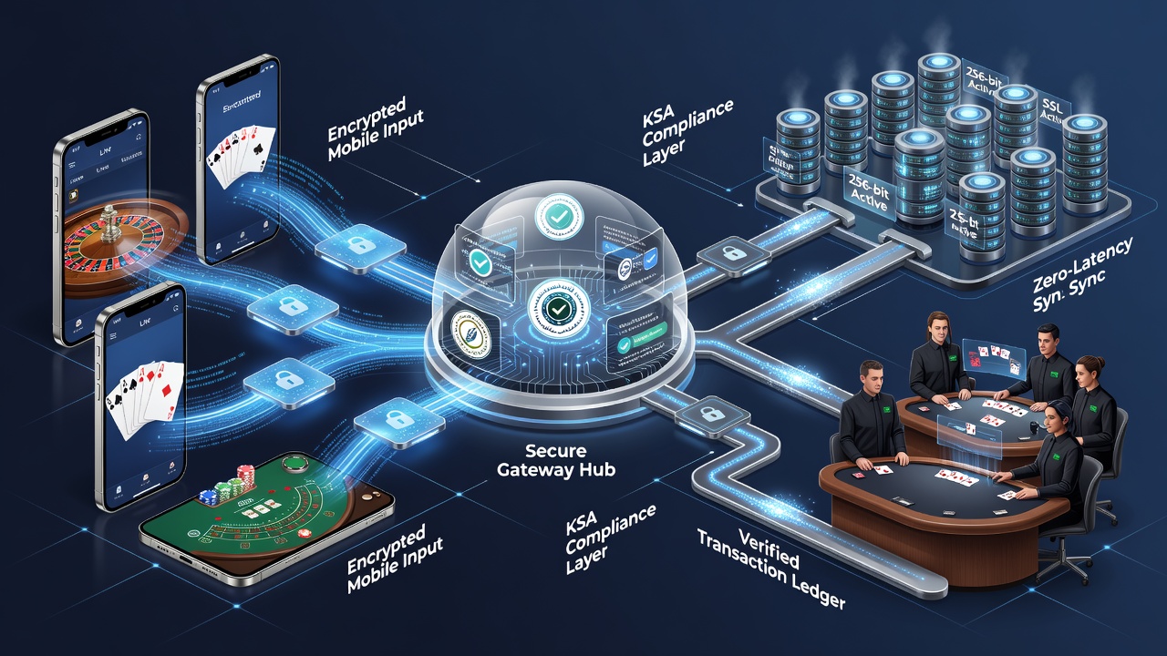 Diagram van beveiligde mobiele transactiepad voor live casinospellen