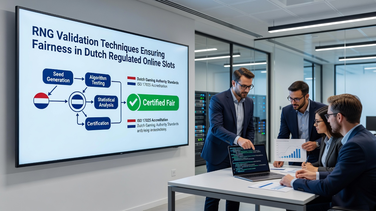 Technici die RNG-tests uitvoeren in een laboratorium met grafieken en certificeringsdocumenten