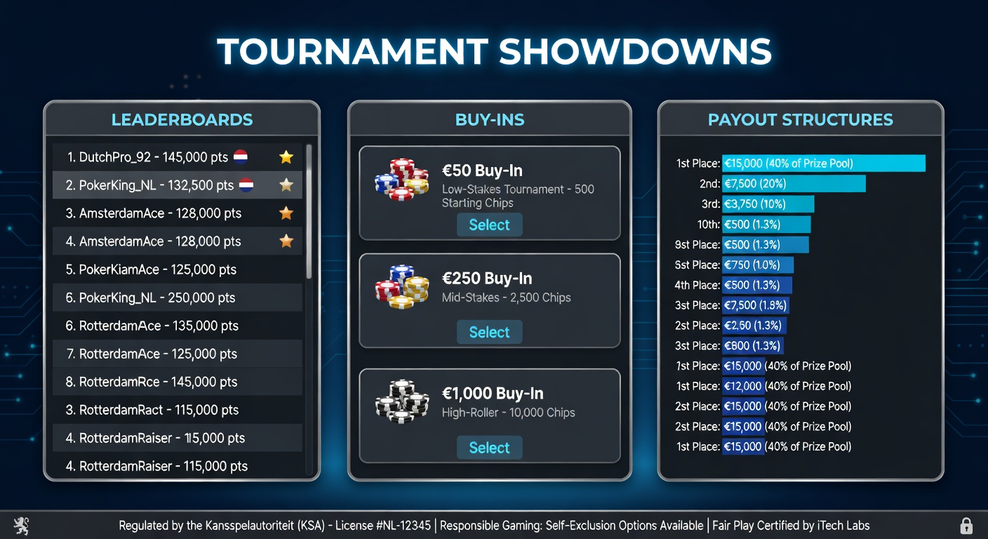 Voorbeeld van een payout structuur in een Nederlands online casino toernooi, met gedetailleerde prijsverdeling voor topposities op de leaderboard
