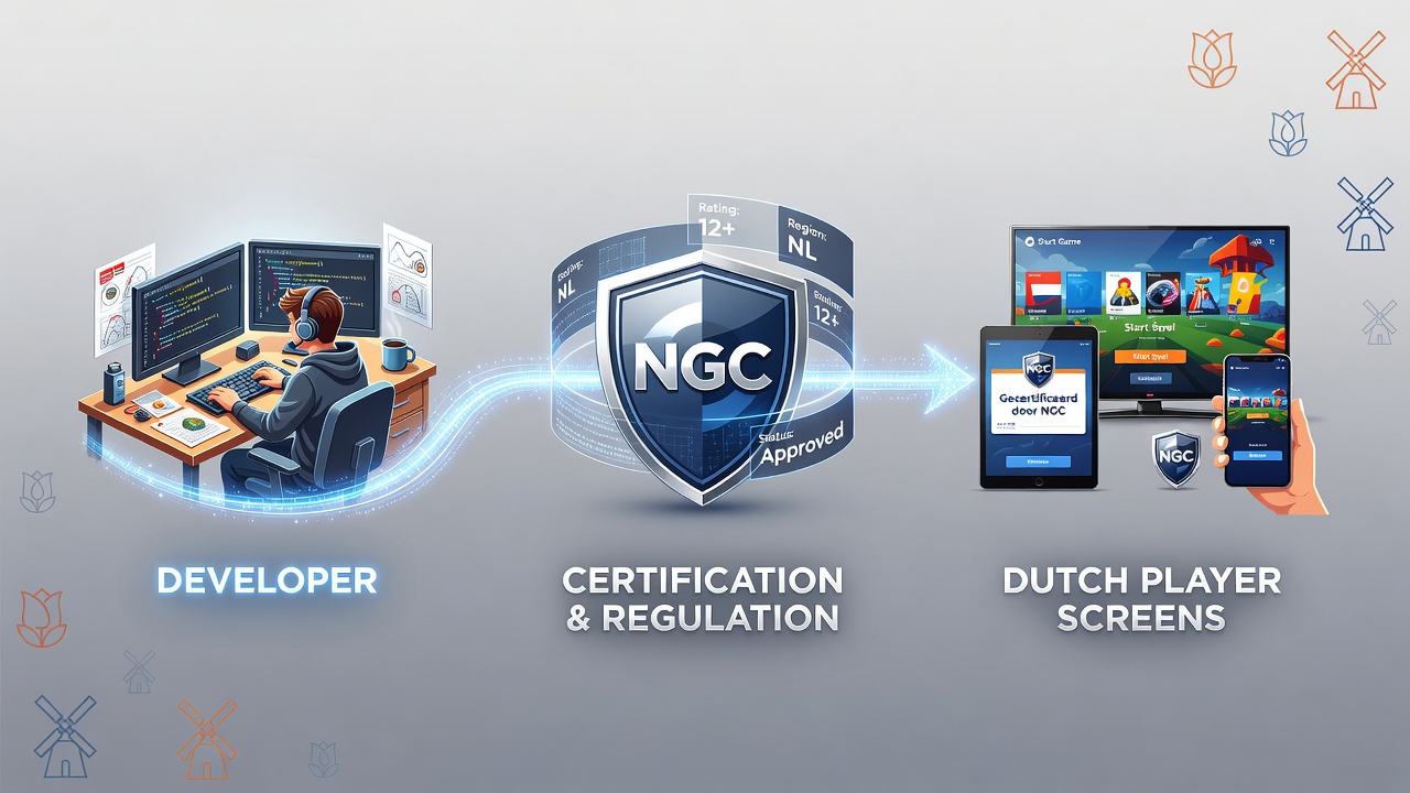 Illustratie van het certificeringstraject voor casinospellen van ontwikkelaar tot Nederlandse spelers