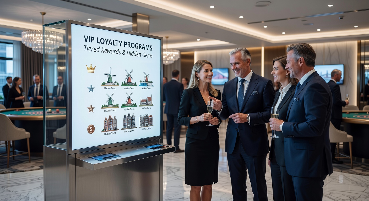 Elegante VIP-lounge in een Nederlands online casino met tiered rewards en exclusieve beloningen zichtbaar op schermen